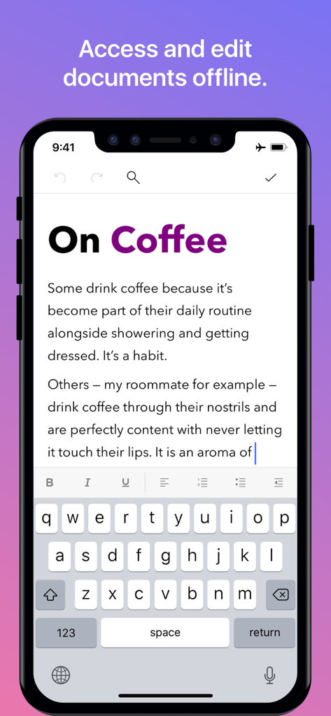 Zoho Writer - Document Editor - Zoho Writer app on an iPhone showing the interface for editing a document titled On Coffee in offline mode