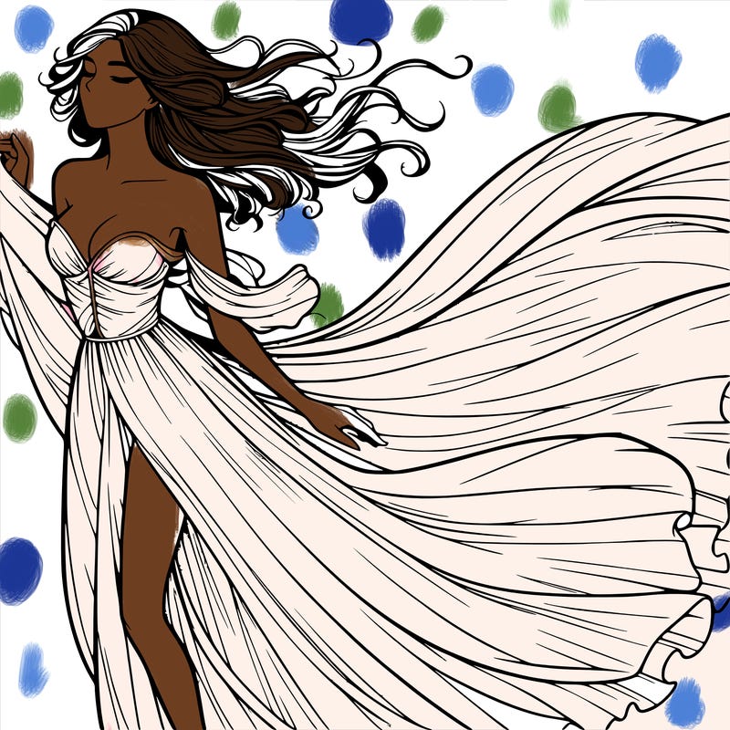 realistic woman in dress flowing the the wind