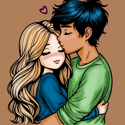 a realistic couple boy and girl hugging and kissing