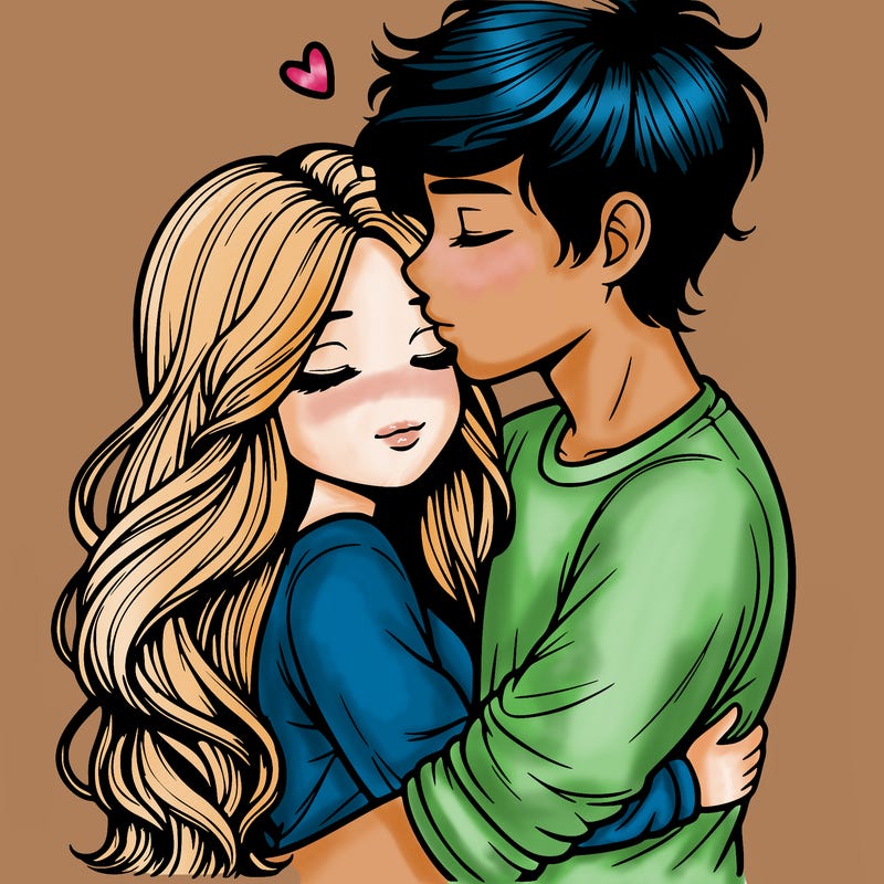 a realistic couple boy and girl hugging and kissing