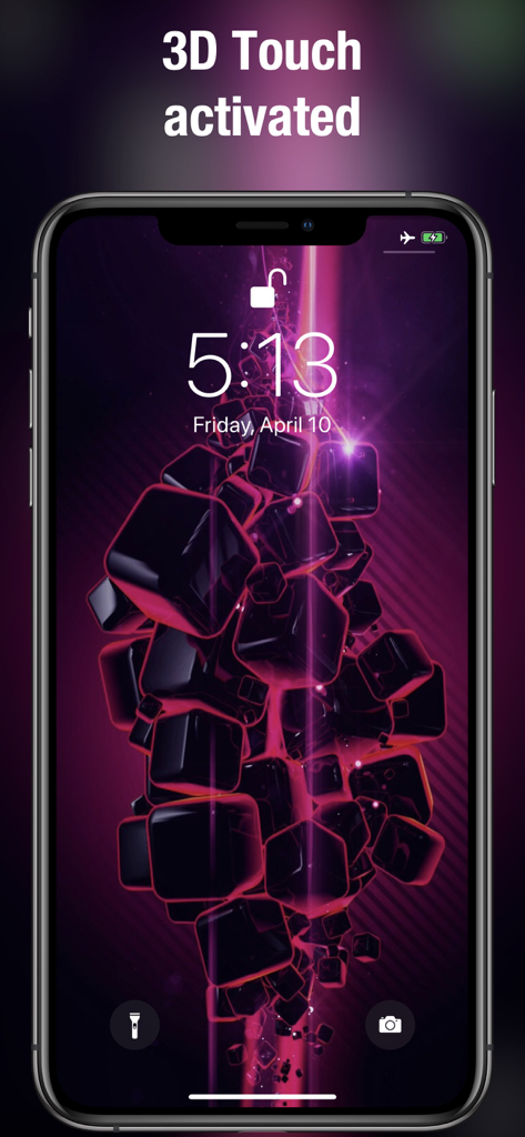 iPhone lock screen displaying a dynamic 3D geometric cube wallpaper in purple and pink tones