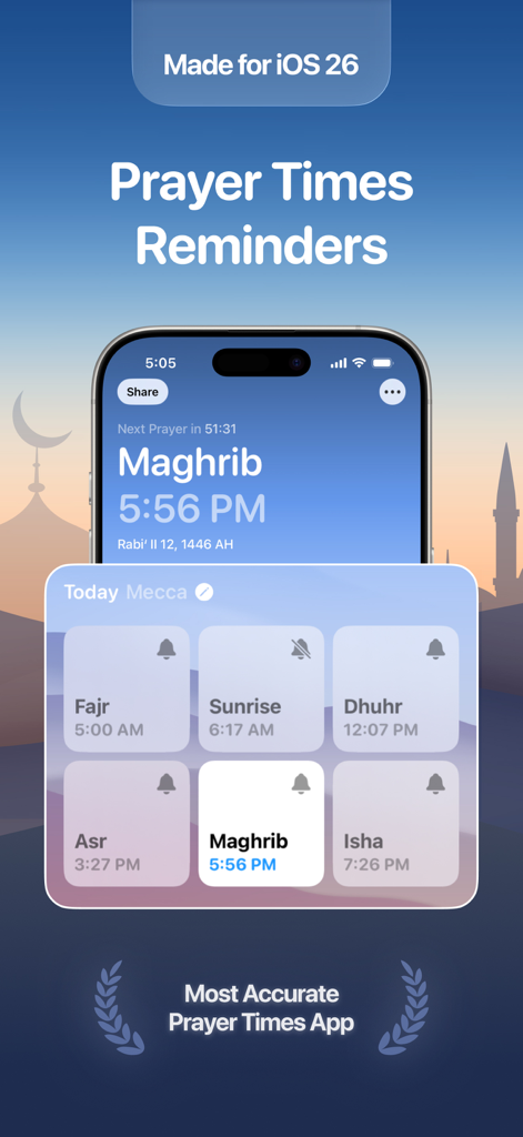 Athan Pro app interface showing daily prayer time reminders and a schedule widget on an iPhone