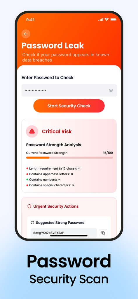 AI Security: Safe & Protection - Interface do aplicativo móvel mostrando uma verificação de vazamento de senha e análise de força com uma senha forte sugerida