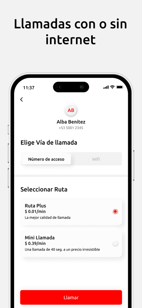 Interfaz de la aplicación Recargas aCuba que muestra opciones de llamadas con o sin internet y selección de ruta con precios