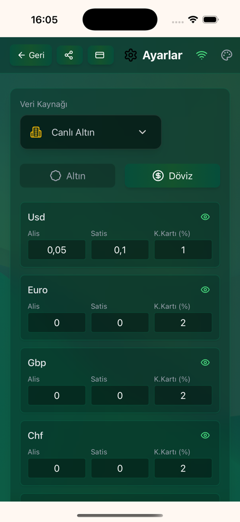 Kuyumcu Fiyat Ekranı - Pantalla de configuración de tipos de cambio para un negocio de joyería que muestra los valores de compra y venta de USD y Euro.