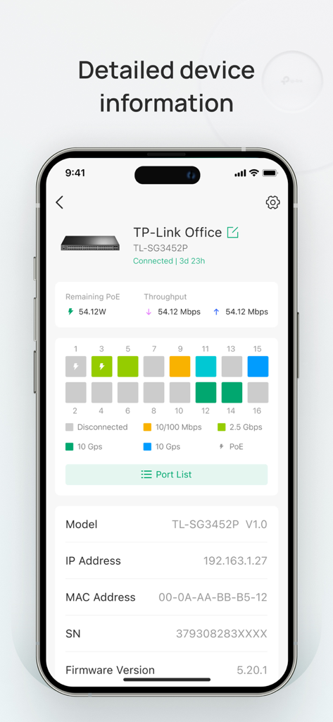 Ein Handy-Bildschirm, der detaillierte Informationen für einen Netzwerk-Switch in der TP-Link Omada-App anzeigt, einschließlich Portstatus und Durchsatz