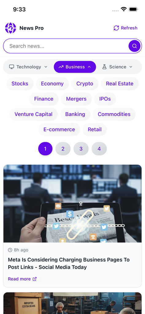 Ai News Pro - Ai News Pro app interface showing business news categories and articles