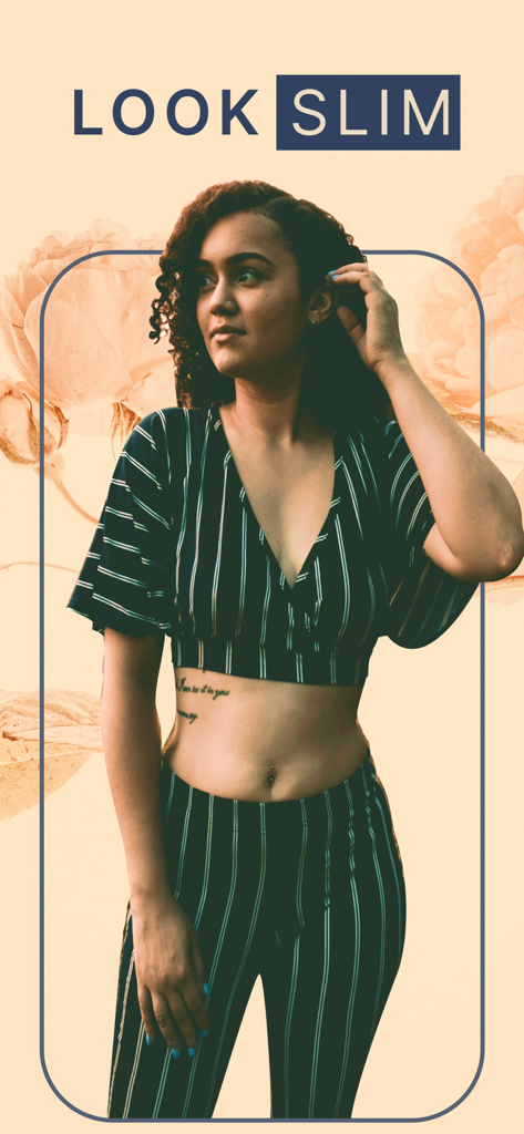 GoSexy - Face and Body Editor - A woman in a striped outfit showcasing the Look Slim body editing feature