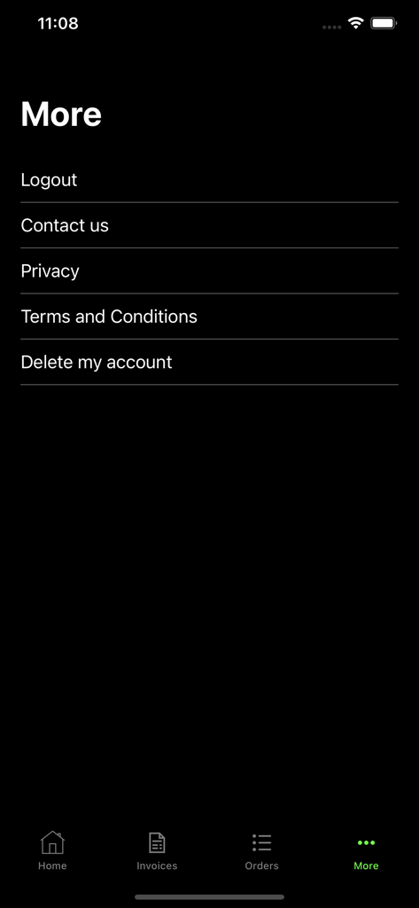 CaribeEats - CaribeEats app more settings menu with options for account management and contact information