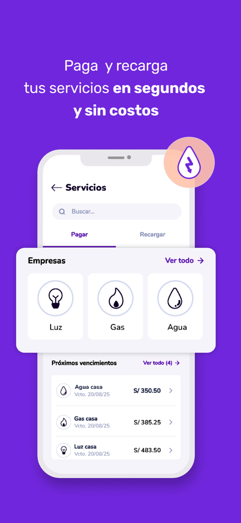 Prexpe - Cuenta digital - Mobile screen of Prexpe app showing utility bill payment options for electricity gas and water
