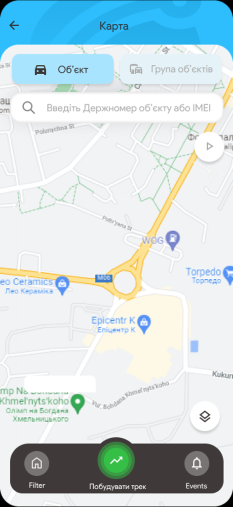 TREKKER - Interfaz de mapa de la aplicación Trekker para rastreo de flotas en tiempo real y gestión de vehículos que muestra opciones de búsqueda y ruta