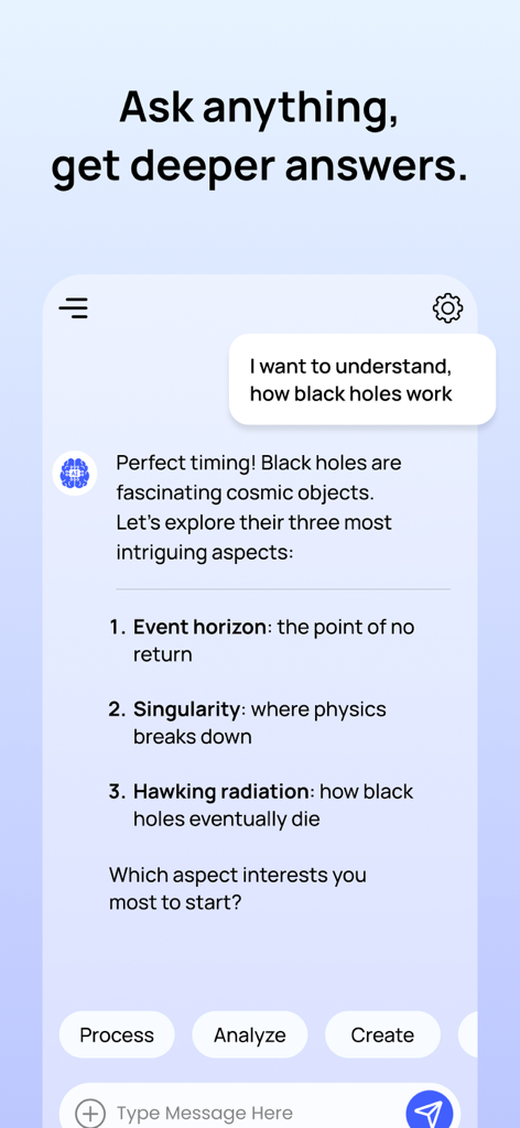 Q.AI - Ask AI Chatbot Deepseek - Q.AI chatbot interface showing a detailed explanation of how black holes work with bullet points for event horizon and singularity.
