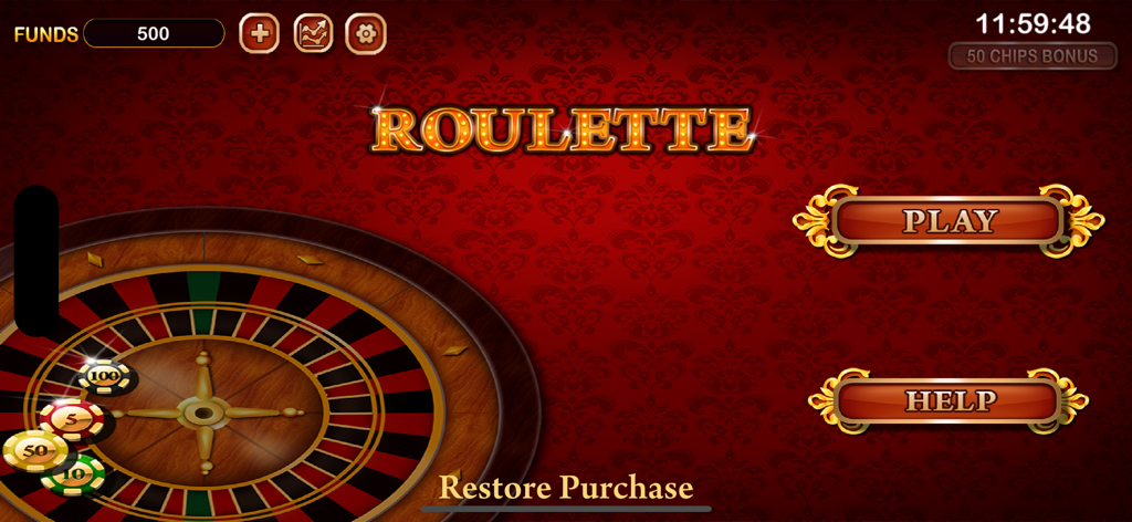 Roulette Fun - Main menu screen of Roulette Fun app featuring a roulette wheel and play button on a red damask background