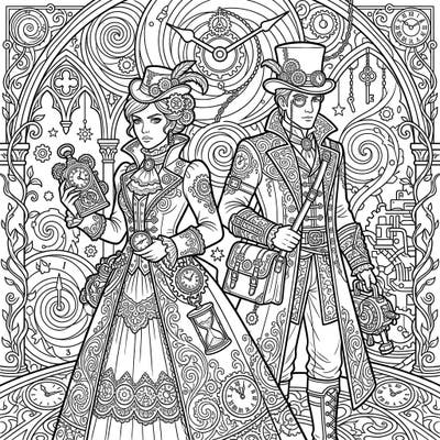 Embark on a coloring adventure with our Gothic Paradox Correctors page, featuring two elegantly dressed time travelers. This intricate design blends Victorian-era charm with mysterious steampunk elements, promising hours of creative enjoyment.