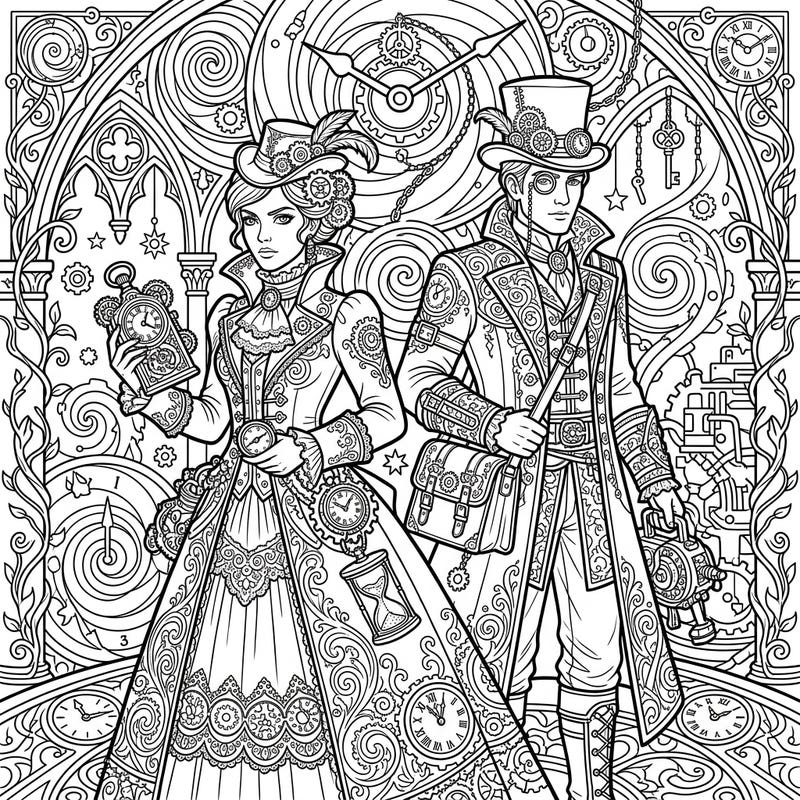 Embark on a coloring adventure with our Gothic Paradox Correctors page, featuring two elegantly dressed time travelers. This intricate design blends Victorian-era charm with mysterious steampunk elements, promising hours of creative enjoyment.