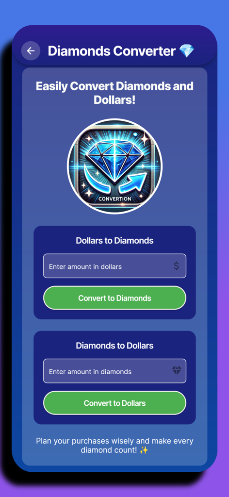 Diamonds Explorer For Freefire - Interface of the Diamonds Converter feature in the Diamonds Explorer app showing options to convert dollars to diamonds and diamonds to dollars.