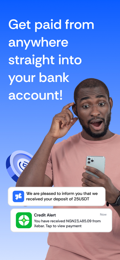 A man looking surprised at his phone with notifications showing a USDT deposit and a Naira bank credit alert