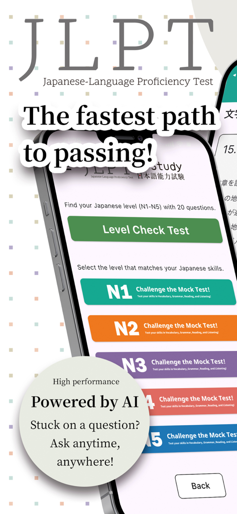Interface of the JLPT AI Mock Exam app showing N1 to N5 level selection buttons and AI tutor features