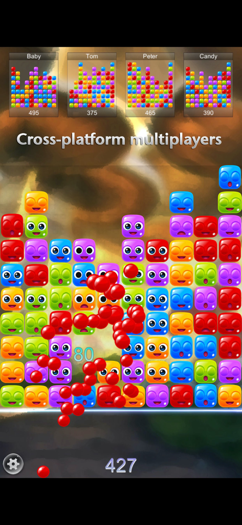 Crush the Jelly - Net PvP - Cross-platform multiplayer battle screen in Crush the Jelly showing four player scores and colorful block puzzles