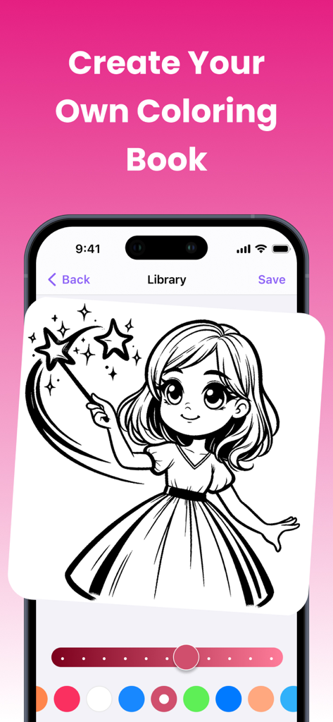 Smartphone-Bildschirm, der eine Manga-Mädchen-Linienzeichnung als Malvorlage in der Coloring Pop App anzeigt