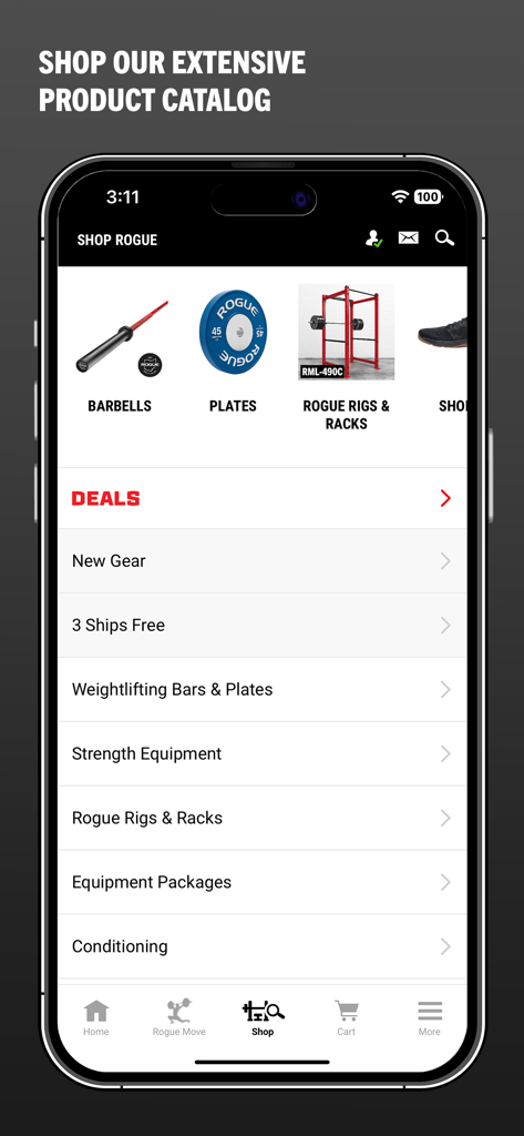 Rogue App - Écran de la boutique de l'App Rogue affichant des catégories d'équipements de fitness comme des barres, des disques et des cages