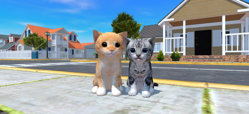 Cat Simulator 3D - Animal Life - Two adorable 3D kittens sitting side by side on a sidewalk in a quiet suburban neighborhood
