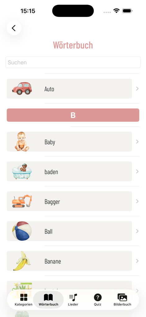 Babyzeichen Zwergensprache - A dictionary view in the Babyzeichen Zwergensprache app showing illustrated German words for baby sign language practice.