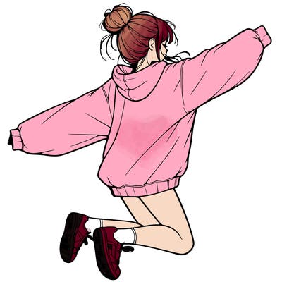 realistic girl jumping with a bun and oversized sweatshirt