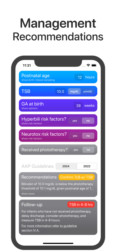 Bilitool app interface showing newborn jaundice management recommendations and follow-up advice based on AAP guidelines.