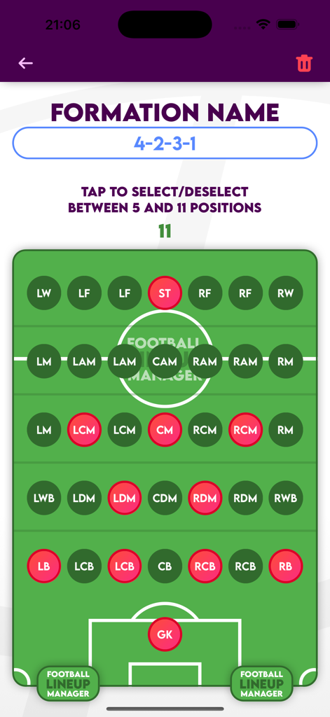 Football Lineup Manager - Une interface de terrain de football pour choisir les positions des joueurs et les formations d'équipe dans l'application Football Lineup Manager