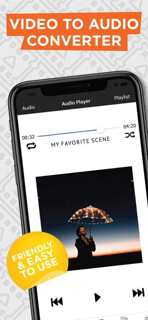 Video to Audio Converter App - iPhone screenshot of the Video to Audio Converter app audio player interface