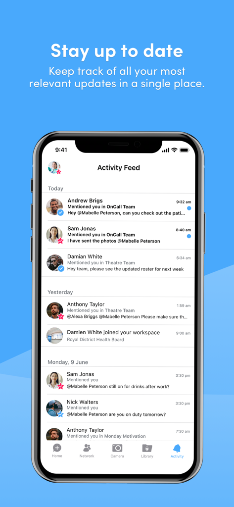 Activity feed in the Celo healthcare messenger app showing professional updates and team notifications on a smartphone.