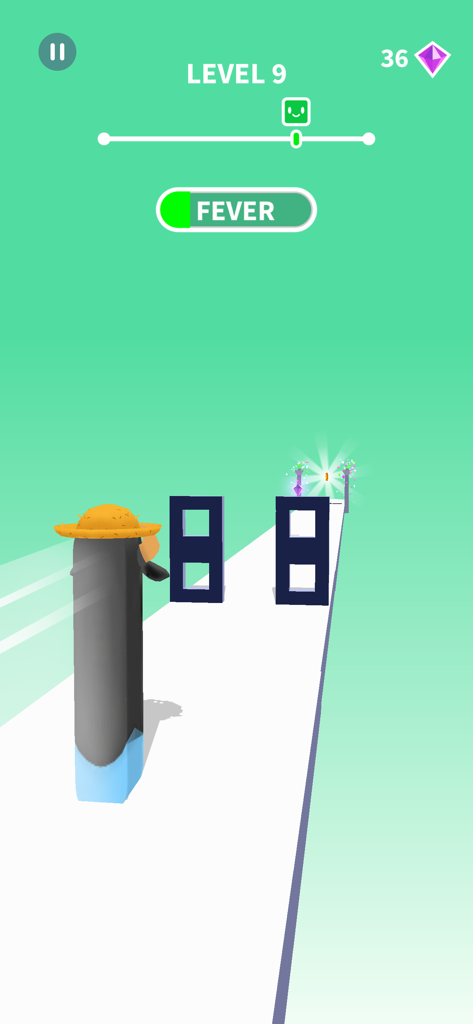 A tall jelly character wearing a straw hat navigating through rectangular obstacles in level nine