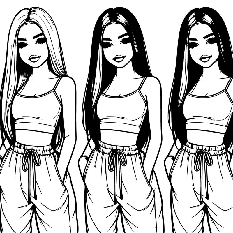 realistic girl with straight long hair and a crop top with sweatpants