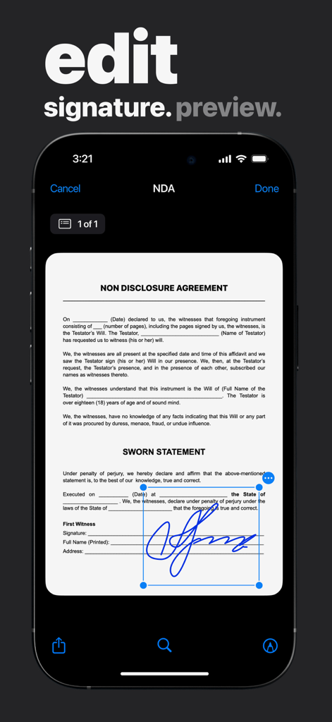 User editing an electronic signature on an NDA document within the mFax app