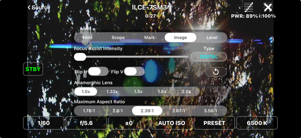 FieldMonitor - FieldMonitor app interface showing professional camera settings and anamorphic lens options over a live video feed
