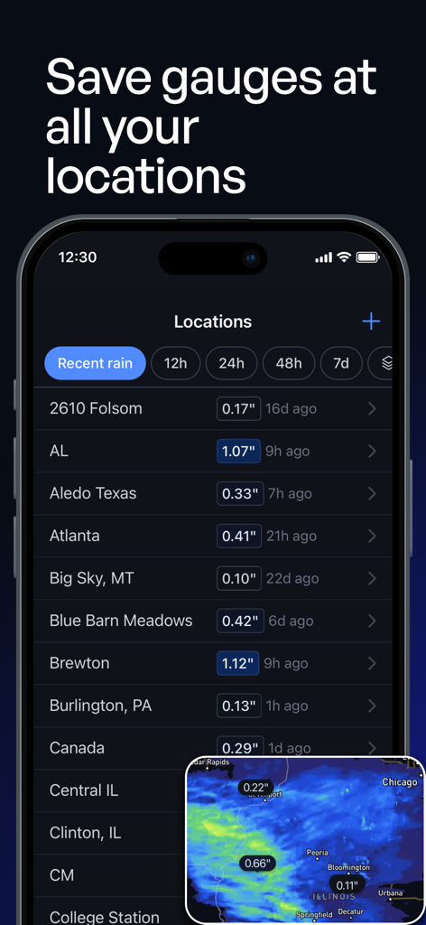 Precip - Rain, Snow & Weather - Interfaz de la aplicación Precip que muestra una lista de ubicaciones guardadas con totales de lluvia hiperlocales y una superposición de mapa meteorológico.