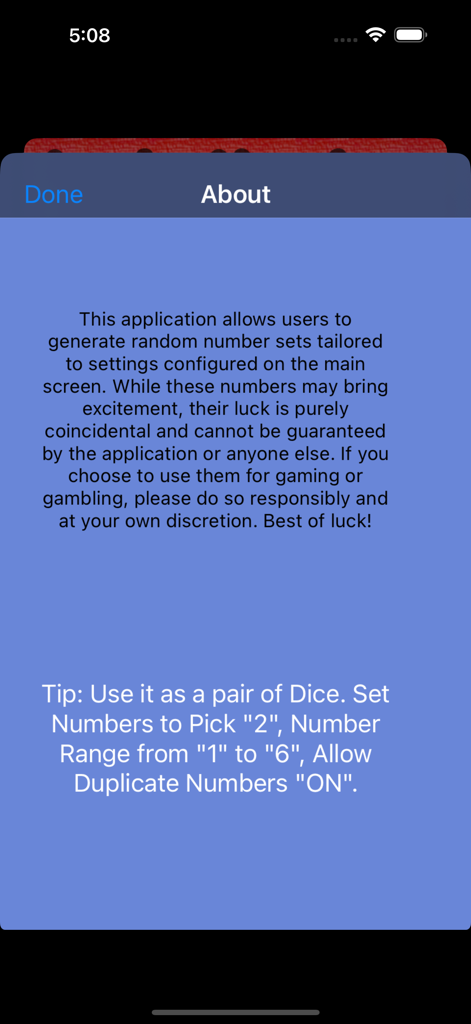 About page for Lucky Number Picker app with disclaimer and digital dice tips