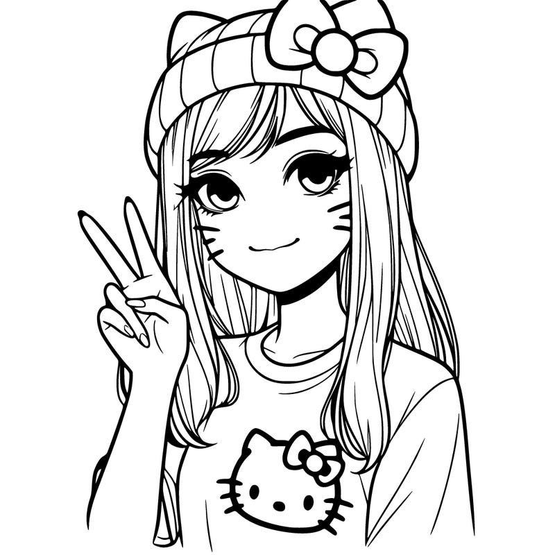 realistic woman with hello kitty, hat and shirt that’s doing the peace