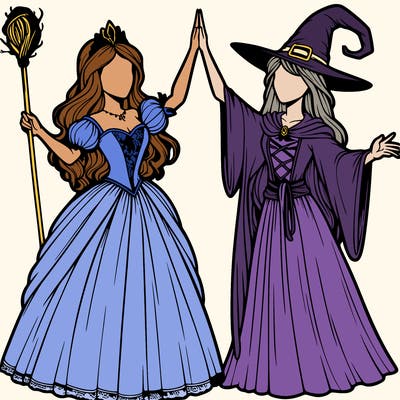 detailed realistic split of a princess and a witch