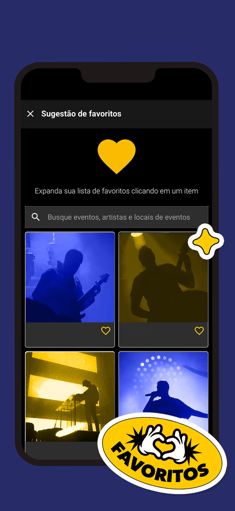 EVENTIM Brasil - Mobile app screen for EVENTIM Brasil showing the favorites section with artist suggestions and a search bar
