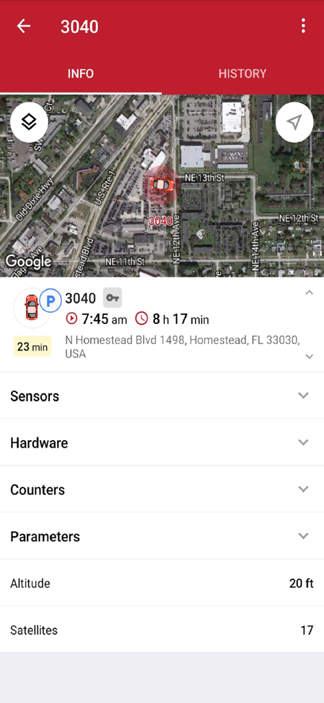 WBC Fleet - Mobile app screen showing a vehicle location on a map with tracking details and status parameters