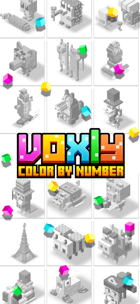 Ein Raster unkolorierter 3D-Voxel-Modelle, einschließlich Tieren und Sehenswürdigkeiten aus der Voxly-Mal-App