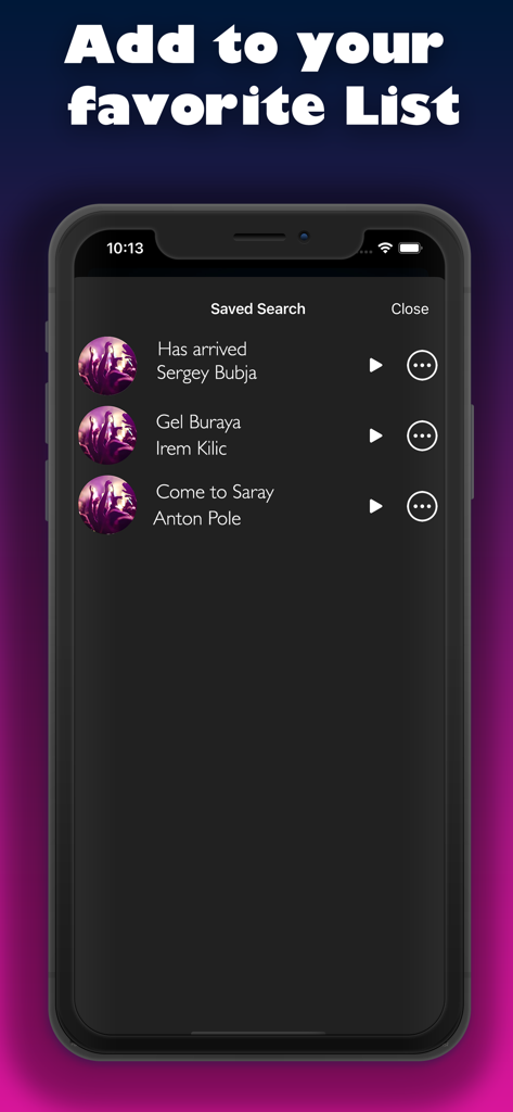 「曲を特定」アプリのスクリーンショット。お気に入りのセクションに保存された曲のリストが表示されています