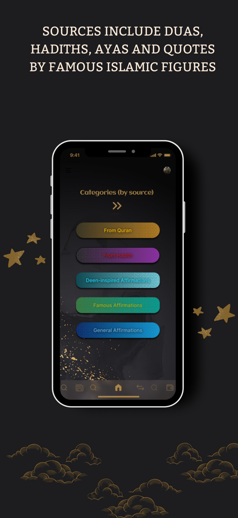 Safa's: Islamic Affirmations - Mobile screen of Safas Islamic Affirmations app showing categories like Quran and Hadith.