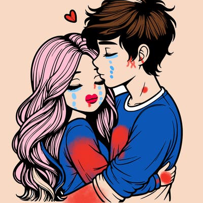 a realistic couple boy and girl hugging and kissing