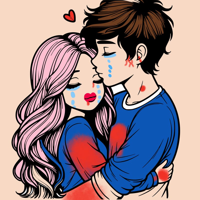 a realistic couple boy and girl hugging and kissing