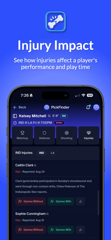 PickFinder app interface displaying WNBA player injury reports for Caitlin Clark and Sophie Cunningham.