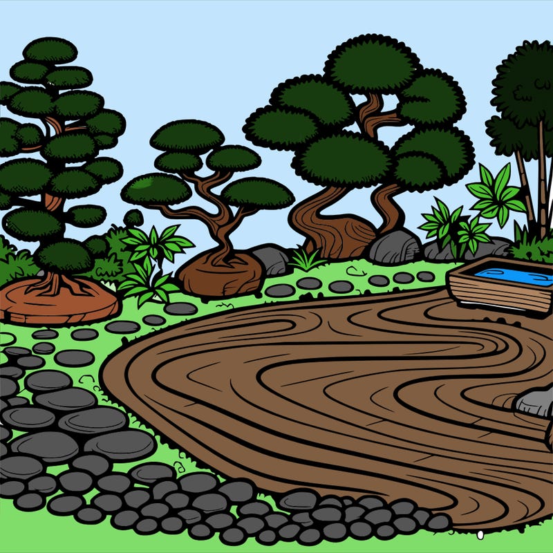 a serene zen garden with raked gravel, bonsai trees, and tranquil ponds