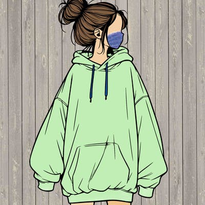 realistic girl with a oversized sweatshirt on and a bun